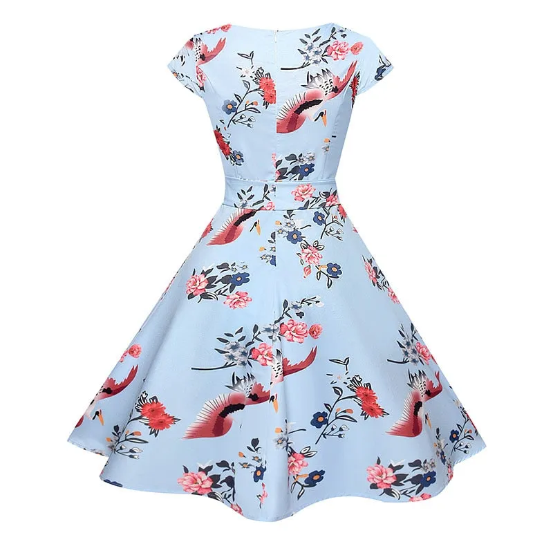 VenusFox Floral Dress 50s Vintage Casual Elegant Print O-Neck Party Work Office Dress