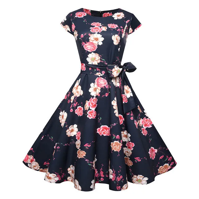 VenusFox Floral Dress 50s Vintage Casual Elegant Print O-Neck Party Work Office Dress