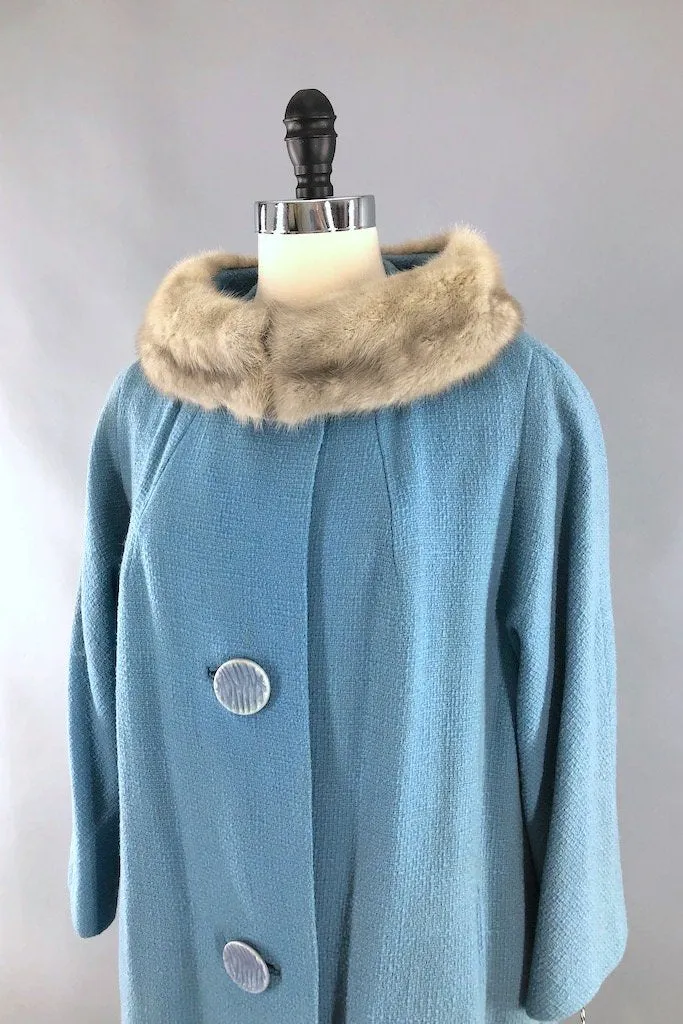 Vintage Powder Blue Coat with Grey Mink Fur Collar