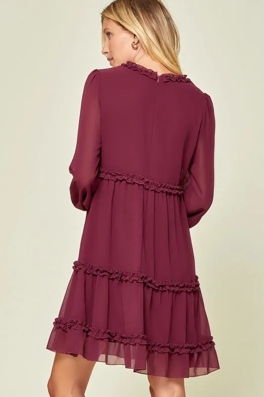 Wine Long Sleeve V-Neck Babydoll Dress