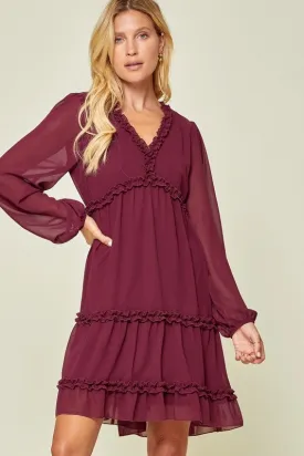 Wine Long Sleeve V-Neck Babydoll Dress