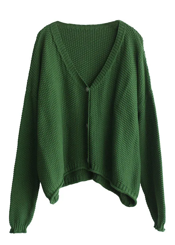 Women Green V Neck Button Knit Loose Cardigans Fall