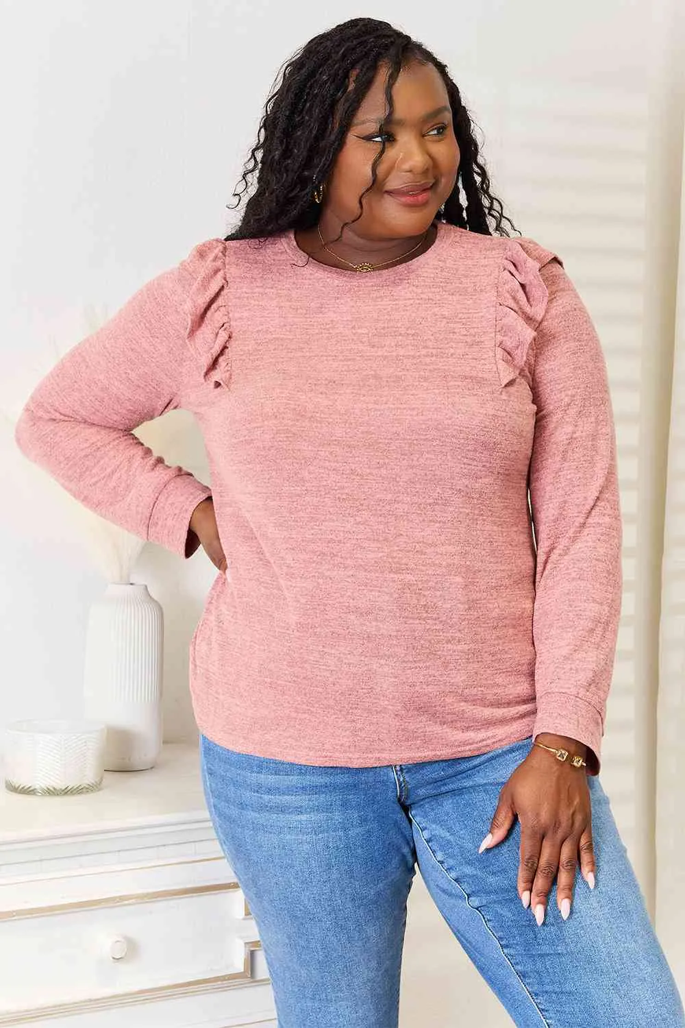 Women's Double Take Ruffle Shoulder Long Sleeve T-Shirt