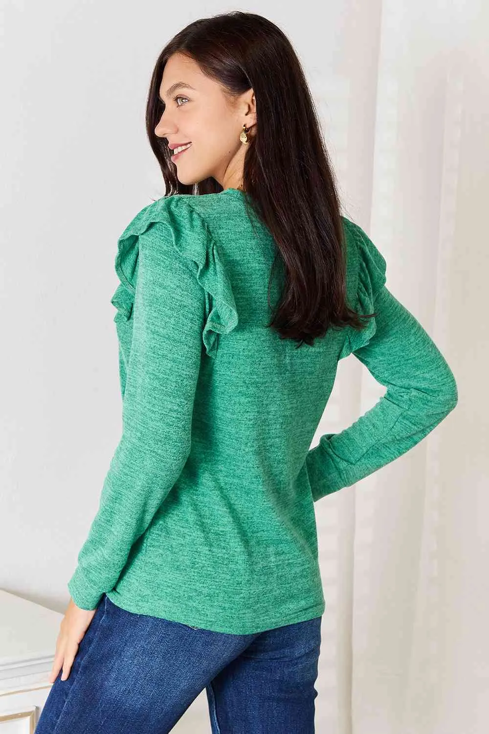 Women's Double Take Ruffle Shoulder Long Sleeve T-Shirt