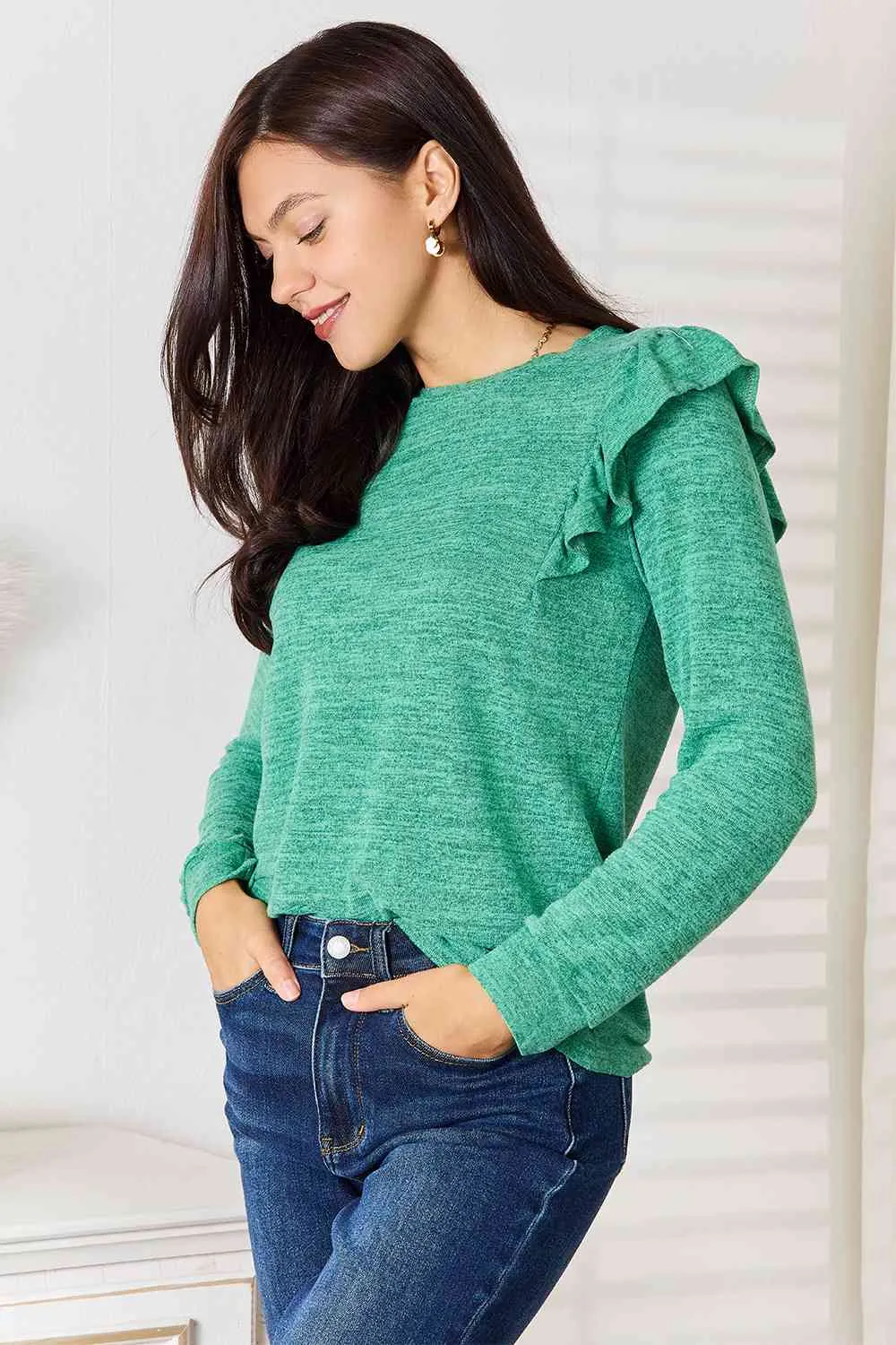 Women's Double Take Ruffle Shoulder Long Sleeve T-Shirt