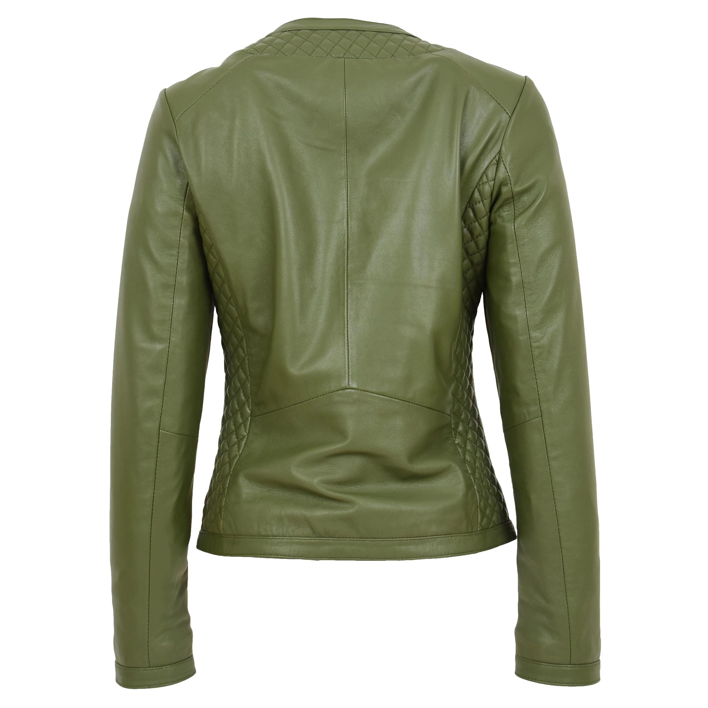 Womens Leather Collarless Jacket with Quilt Design Joan Olive Green