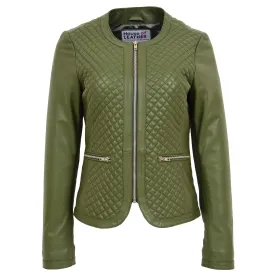 Womens Leather Collarless Jacket with Quilt Design Joan Olive Green