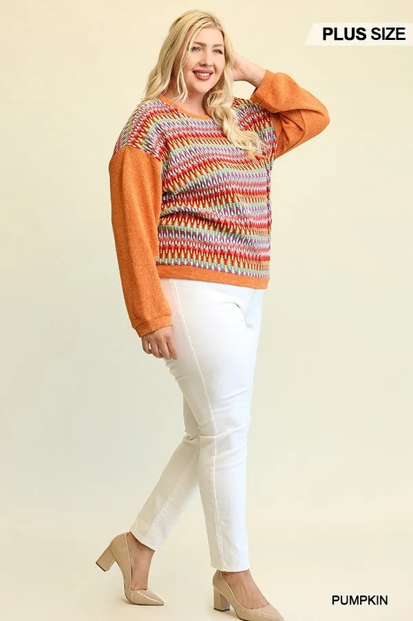 Women's Plus Novelty Knit And Solid Knit Mixed Loose Top With Drop Down Shoulder